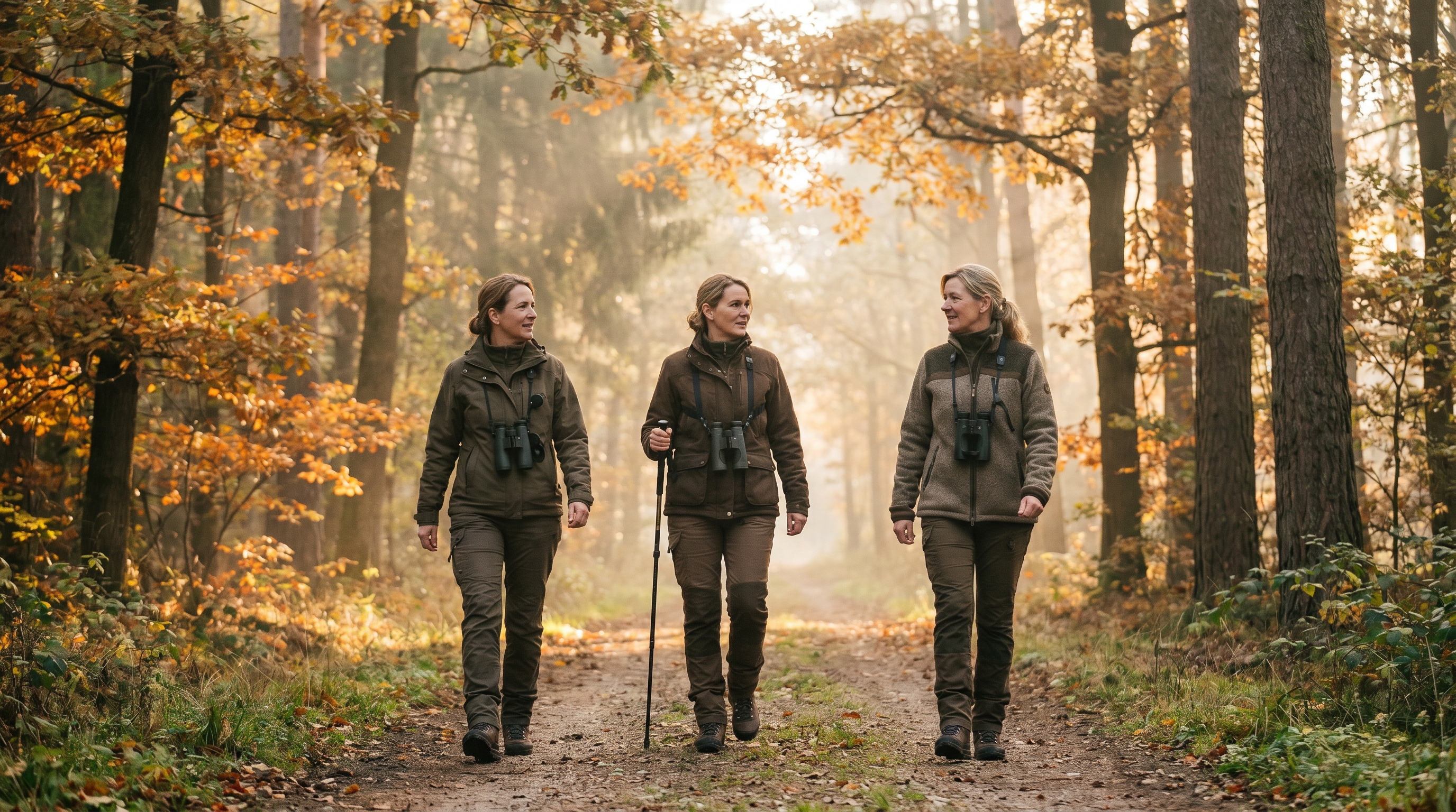 Drei Frauen in Outdoor-Kleidung gehen bei Morgenlicht über einen Waldweg