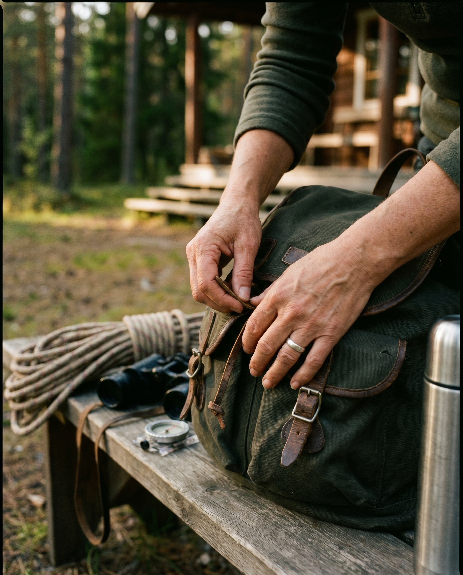 Hände einer Frau justieren den Gurt eines passenden Outdoor-Rucksacks