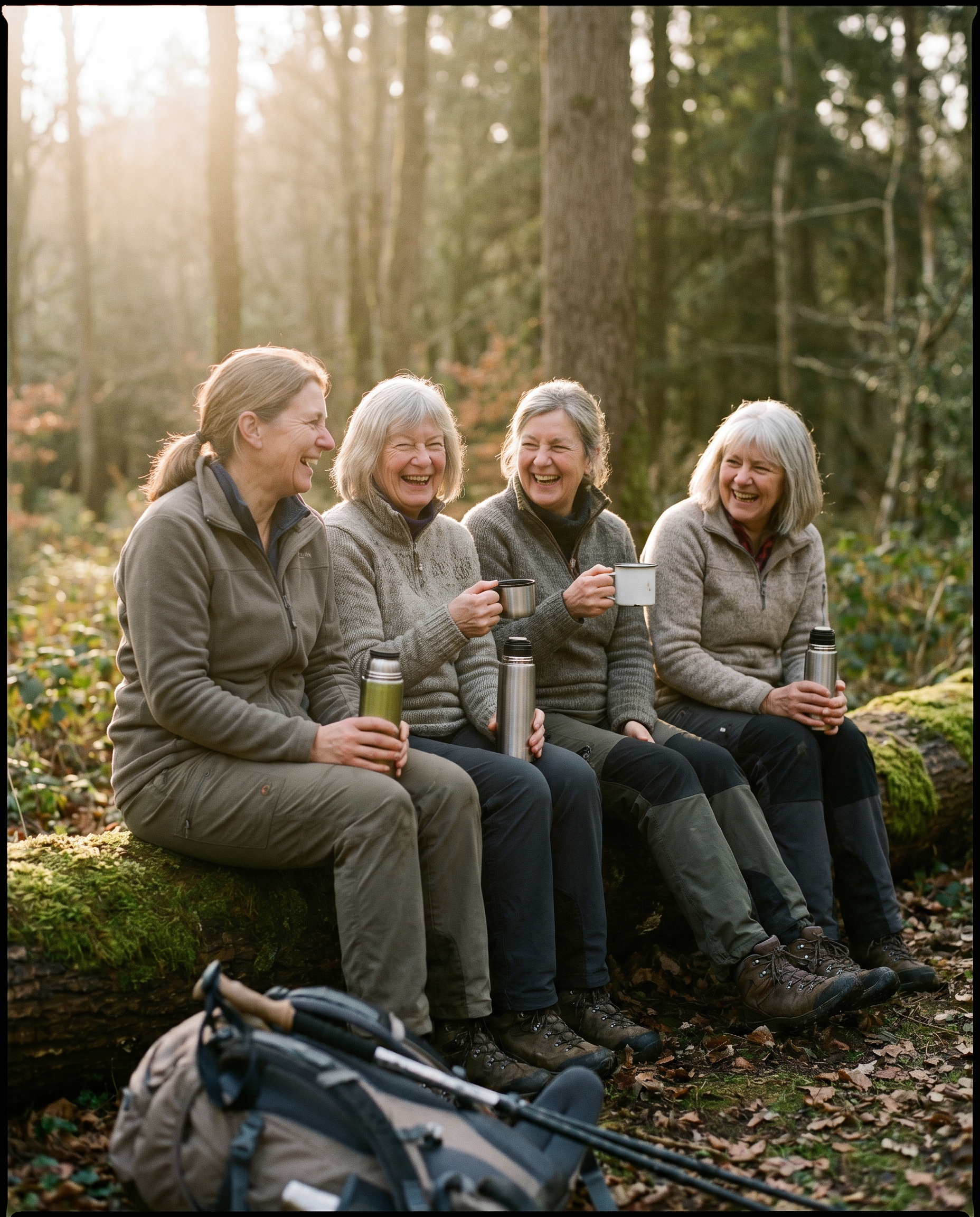 Vier Frauen verschiedenen Alters lachen gemeinsam in einer Pause am Waldrand